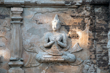 Fototapeta na wymiar Thai art on The Chedi of Wat Chet Yot temple in Chaingmai,Thailand.