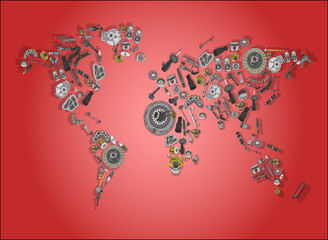 Draw a big map of the world made up of spare parts