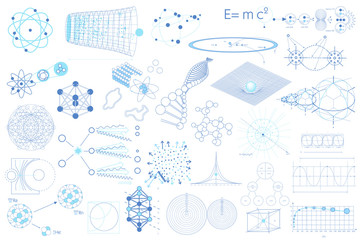 Big collection of elements, symbols and schemes of physics