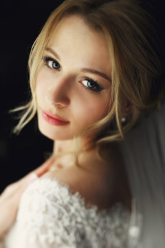Beautiful blonde wedding bride in make-up and veil in a white dr