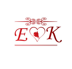 EK love initial with red heart and rose