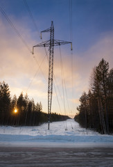  Power line in winter at dawn