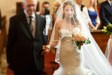 elegant stylish bride under vail on the wedding ceremony on the