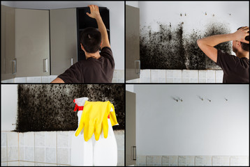 Collage of photos showing a man removing mold from behind the kitchen cabinets.