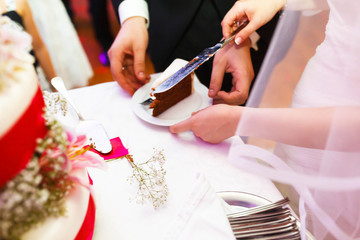 couple is cutting amazing tasty cake decorated with pink lilies