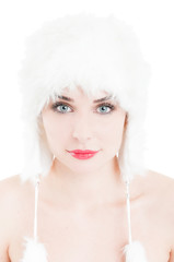 Beautiful face female model wearing white fur hat