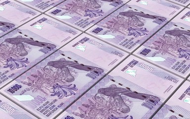 Fototapeta premium Congolese francs bills stacked background. Computer generated 3D photo rendering.