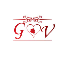 GV love initial with red heart and rose