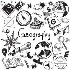 Geography geology education handwriting doodle icon of earth exploration and map design sign and symbol in isolated background paper used for presentation title with header text (vector)