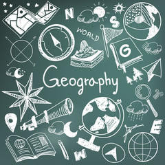Geography geology education subject doodle icon earth exploration and map design sign and symbol in blackboard background paper used for presentation title header (vector) 