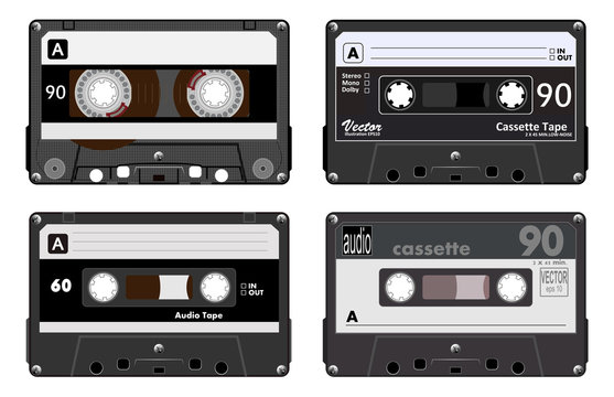 Collection of four plastic audio cassettes tape. Different colorful music tapes. Black set. old technology, realistic retro design, vector art image illustration, isolated on white background eps10