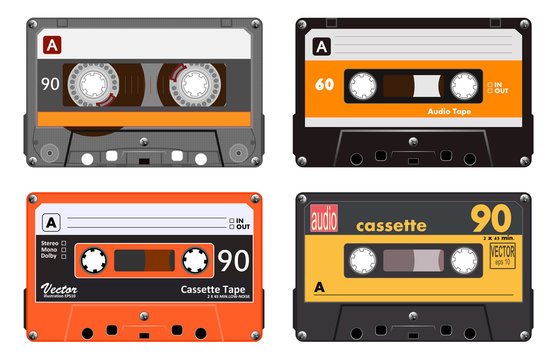 Collection of four plastic audio cassettes tape. Different colorful music tapes. Orange set. old technology, realistic retro design, vector art image illustration, isolated on white background eps10