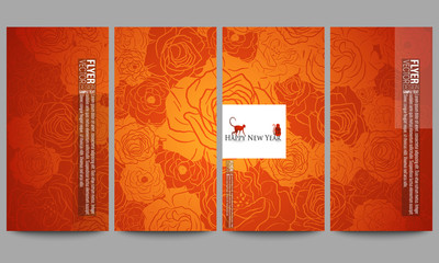 Set of modern flyers. Chinese new year background. Floral design with red monkeys, vector illustration
