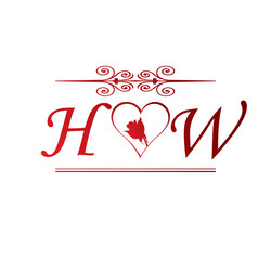 HW love initial with red heart and rose