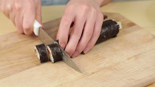 knife rice salmon board raw