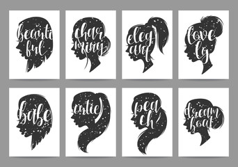 Set templates womens elegant silhouettes with different hairstyles and calligraphy