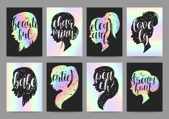 Fototapeta premium Set templates womens elegant silhouettes with different hairstyles and calligraphy