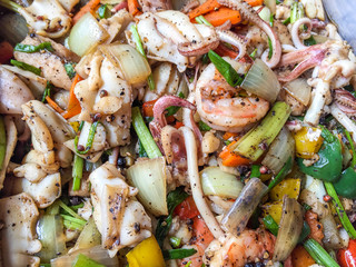 closeup stir fried seafood with black pepper - Thai food