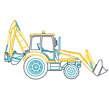 Blue yellow outline big digger builds roads on white. Digging of golden coins. Professional flatten isolated illustration master vector. Truck Digger Crane Fork lift Small Bagger, Extravator