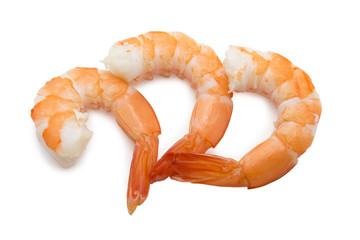 Three cooked unshelled tiger shrimps isolated on white backgroun