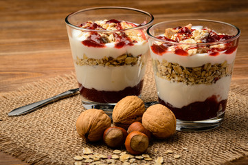 Healthy dessert with muesli, nuts and raspberry jam.