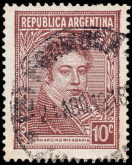 Stamp printed in the Argentina shows Bernardino Rivadavia