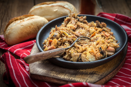 Traditional polish sauerkraut (bigos) with mushrooms and meat.