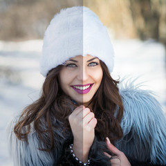 Beautiful young woman winter portrait before and after retouch
