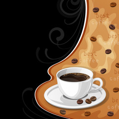 Background with cup of coffee and beans.