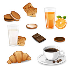 Morning breakfast with coffee,croissant,fresh juice,milk and biscuits.