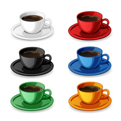  Set of colorful coffee cups isolated on white .