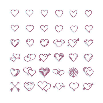Heart Icon Set. Vector romantic symbols. Linear art.
