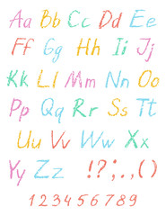 Wax crayon child's drawing alphabet. Pastel chalk font. ABC drawing letters. Kids drawn colorful alphabet. Vector.