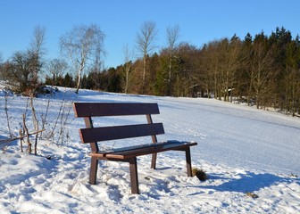 Holzbank in hügeliger Winterlandschaft am Waldrand verschneit