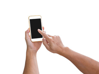 Hand holding mobile phone isolated on white background