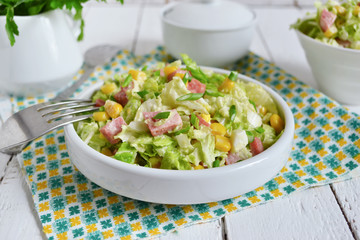 Salad with Chinese cabbage, ham and corn