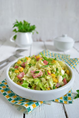 Salad with Chinese cabbage, ham and corn