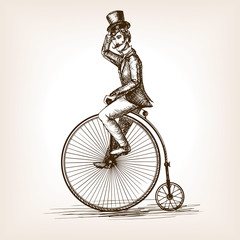 Man on retro vintage old bicycle sketch vector