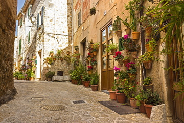 Fototapeta na wymiar Cobbled street with pots, plants and flowers decorating the walls, Valldemossa, Mallorca, Spain.