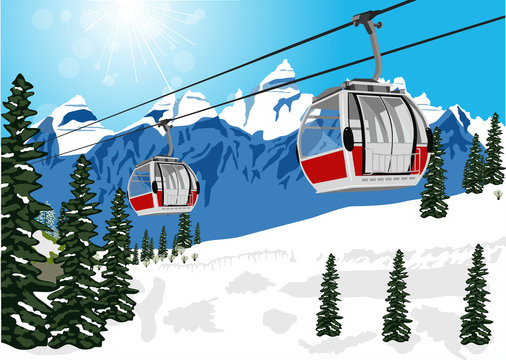 Wonderful Winter Scenery With Ski Lift Cable Booth Or Car