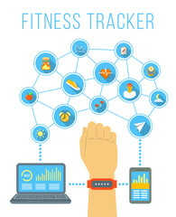 Fitness tracker flat vector infographic. Hand with bracelet wireless device for monitoring sport activity, burning of calories, distance, steps, heartbeat. Data exchange with computer and smartphone