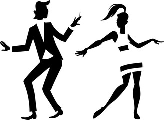 Black vector silhouette of a mod couple dancing, EPS 8, no white objects