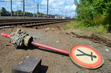 Dramatic fallen sign forbidden for people on train platform