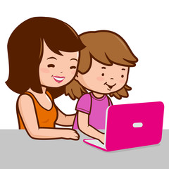 Mother and daughter looking at the computer screen. Vector illustration