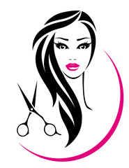 hair salon sign with pretty woman and scissors
