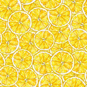 Orange segments. Watercolor drawing. Handwork. Tropical fruit. Healthy food. Seamless pattern for design.