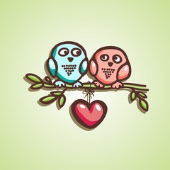 owls fall in love on the branch. Vector illustration
