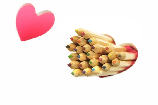 Love Concept. Color Pencls, Two Love Heart, White Background