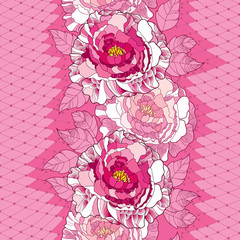 Seamless pattern with peony in pink, ornate leaves and decorative white lace on the pink background. Floral background in contour style.