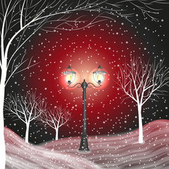 Winter background with vintage lantern in a snow covered park.